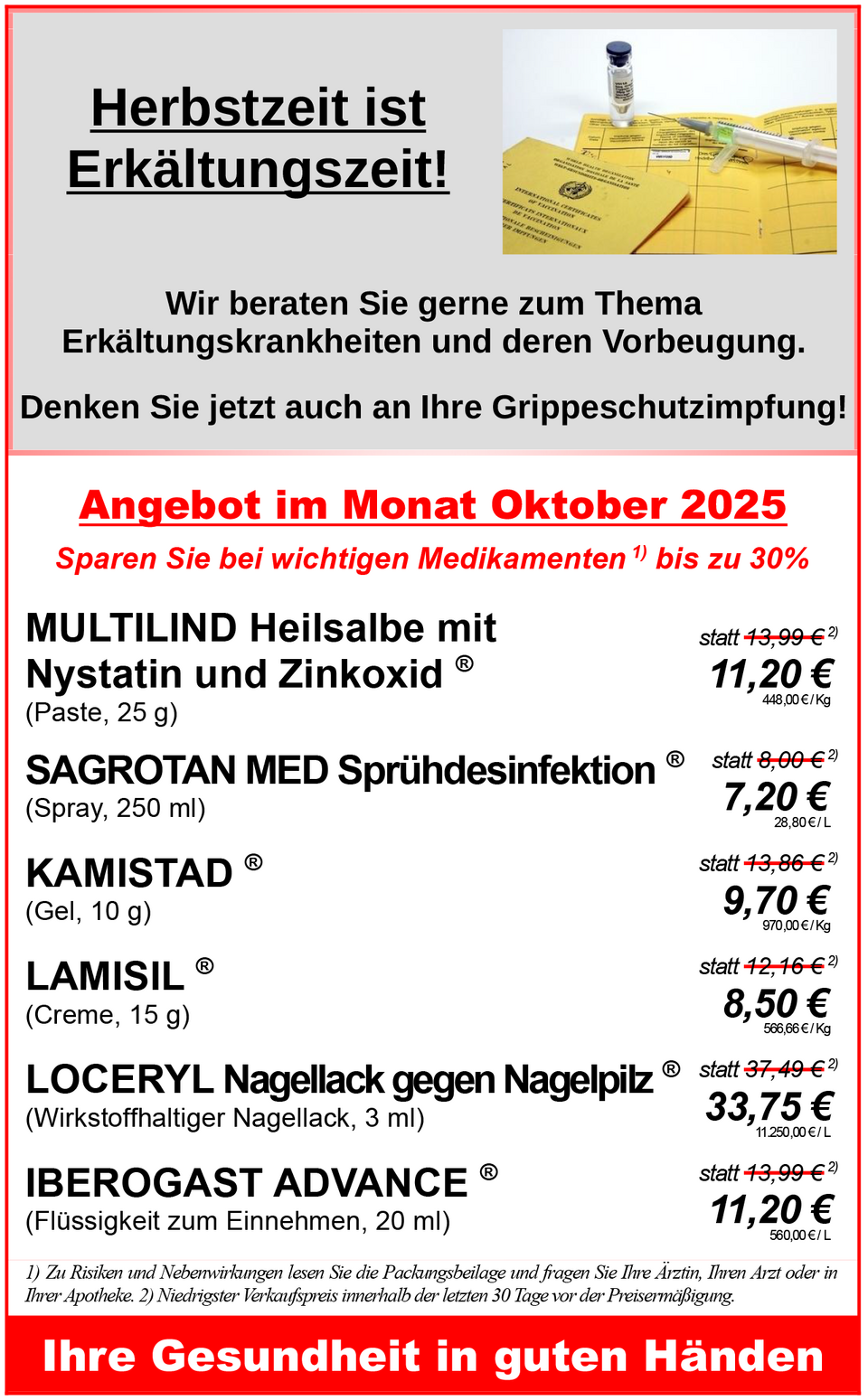 Ein Angebotsflyer für Oktober 2025 mit reduzierten Preisen für ausgewählte Medikamente.